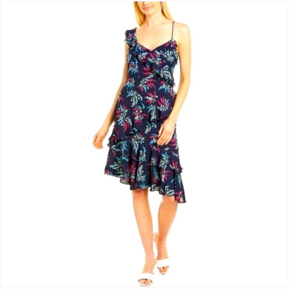 NWT Likely Ophelia Asymmetrical Midi Floral Ruffle Dres. Size 12